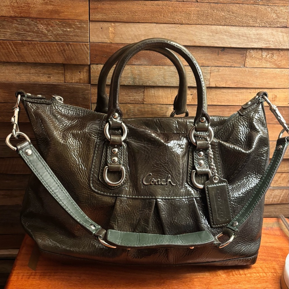 Coach Patent Leather Shoulder Satchel in Deep Green